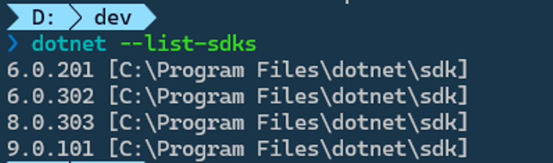 Command line interface displaying installed .NET SDK versions: 6.0.201, 6.0.302, 8.0.303, and 9.0.101 with their corresponding installation paths.