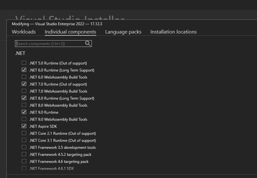 The image shows the Visual Studio Installer interface, focusing on the "Individual components" tab. Several .NET runtimes and SDKs are listed with checkboxes. Among them, .NET 6.0 Runtime (Long Term Support), .NET 7.0 Runtime, .NET 8.0 Runtime (Long Term Support), .NET 9.0 Runtime, and .NET Aspire SDK are checked. Some runtimes are marked as "Out of support."