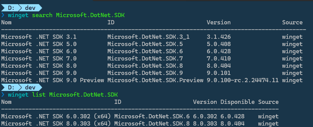 A command-line interface displays search and list results for Microsoft .NET SDKs using the  tool. The search results show different versions from SDK 3.1 to 9.0 Preview, while the list shows installed versions 6.0.302 and 8.0.303.