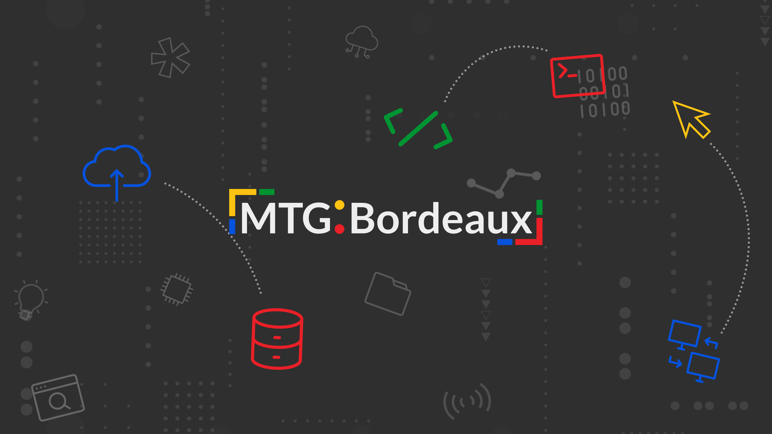 Abstract tech-themed design with the text "MTG: Bordeaux" in the center. Features symbols like a cloud, database, and lines of code on a dark background.