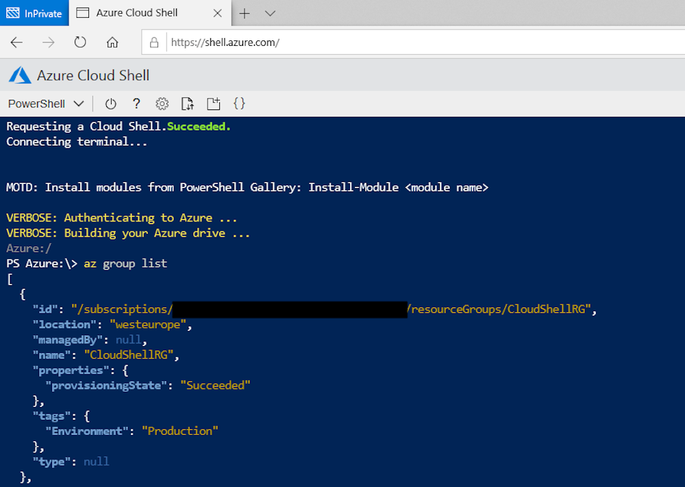 Azure cloud shell in browser.