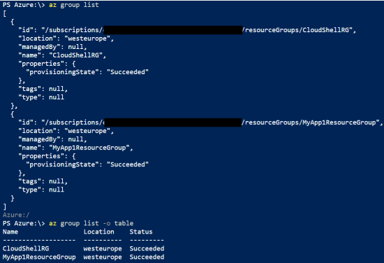 Azure CLI json and table outputs.