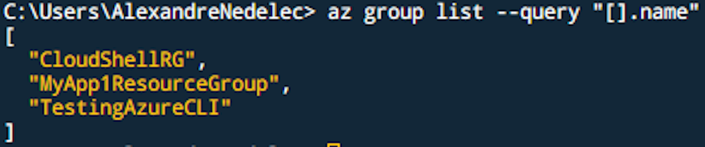 az group command output using JMESPath property selection.