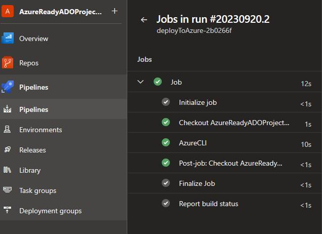 Results of the pipeline run in Azure DevOps