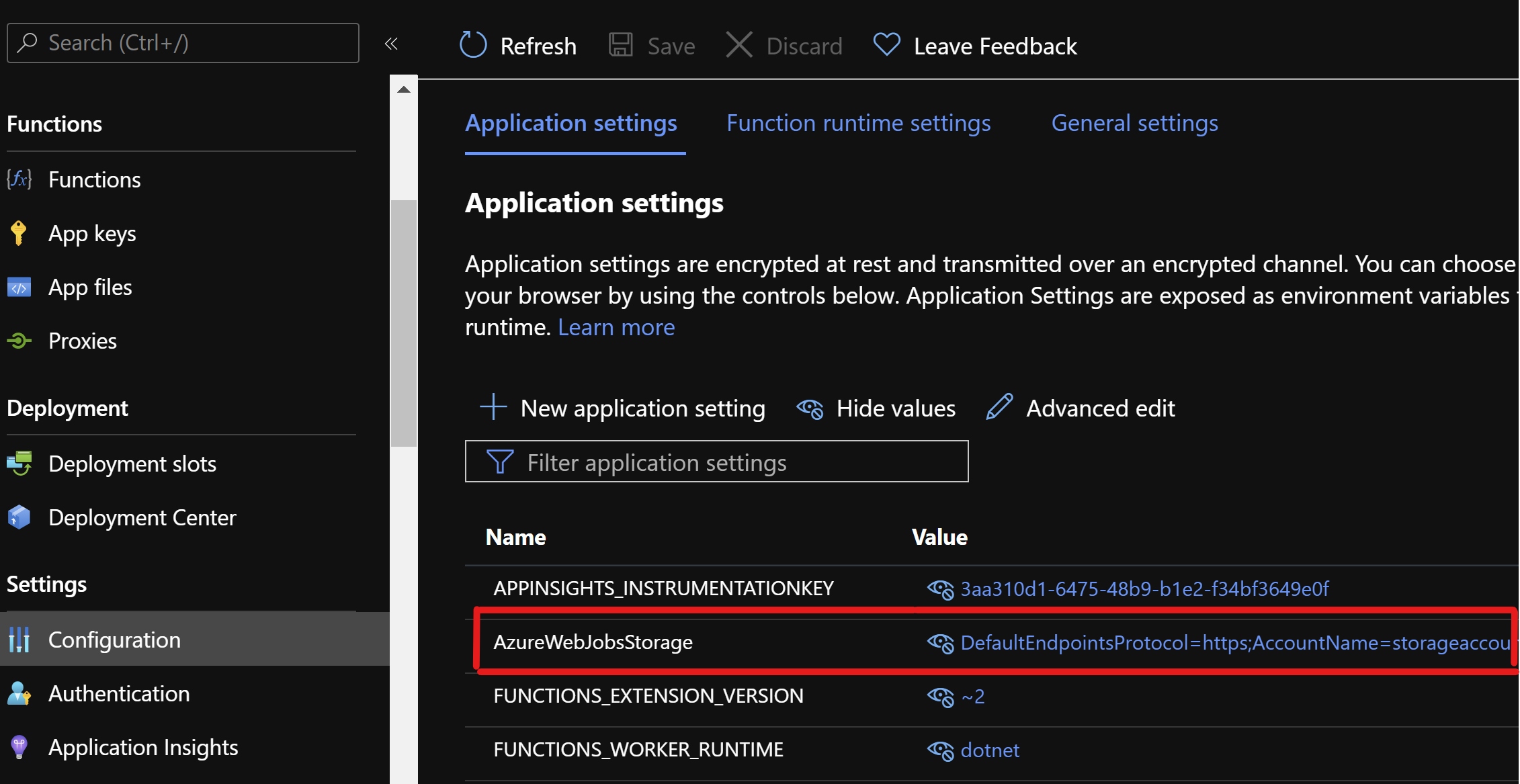 AzureWebJobsStorage setting with a secret value in Function App settings.