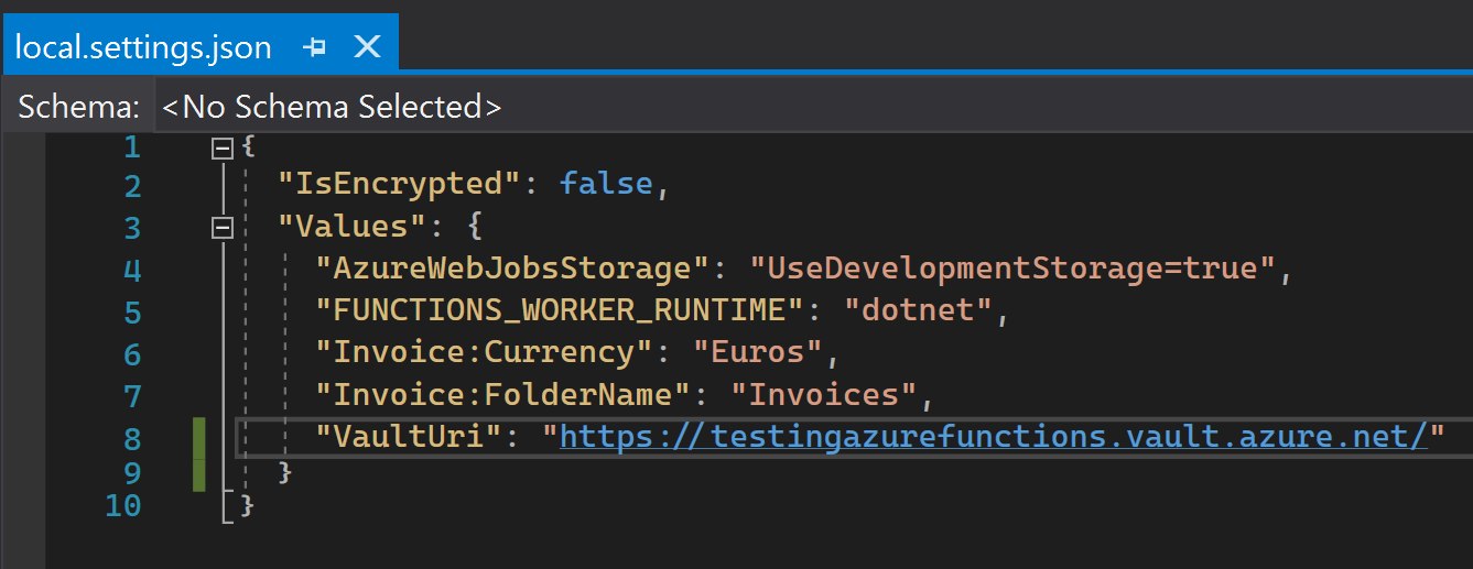 Azure Function local settings file.