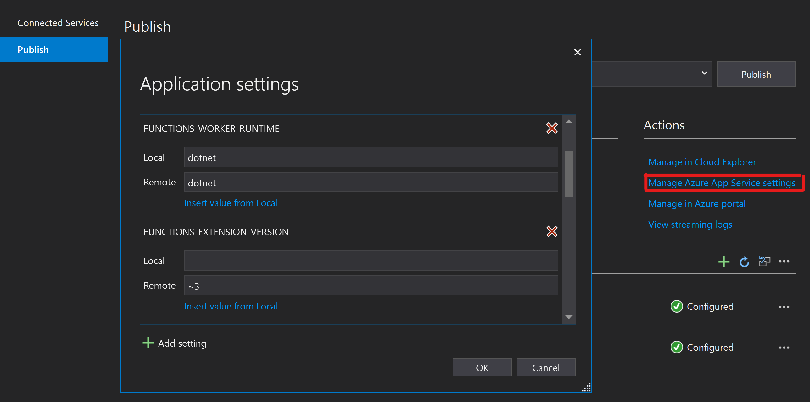 Function App application settings in Visual Studio.