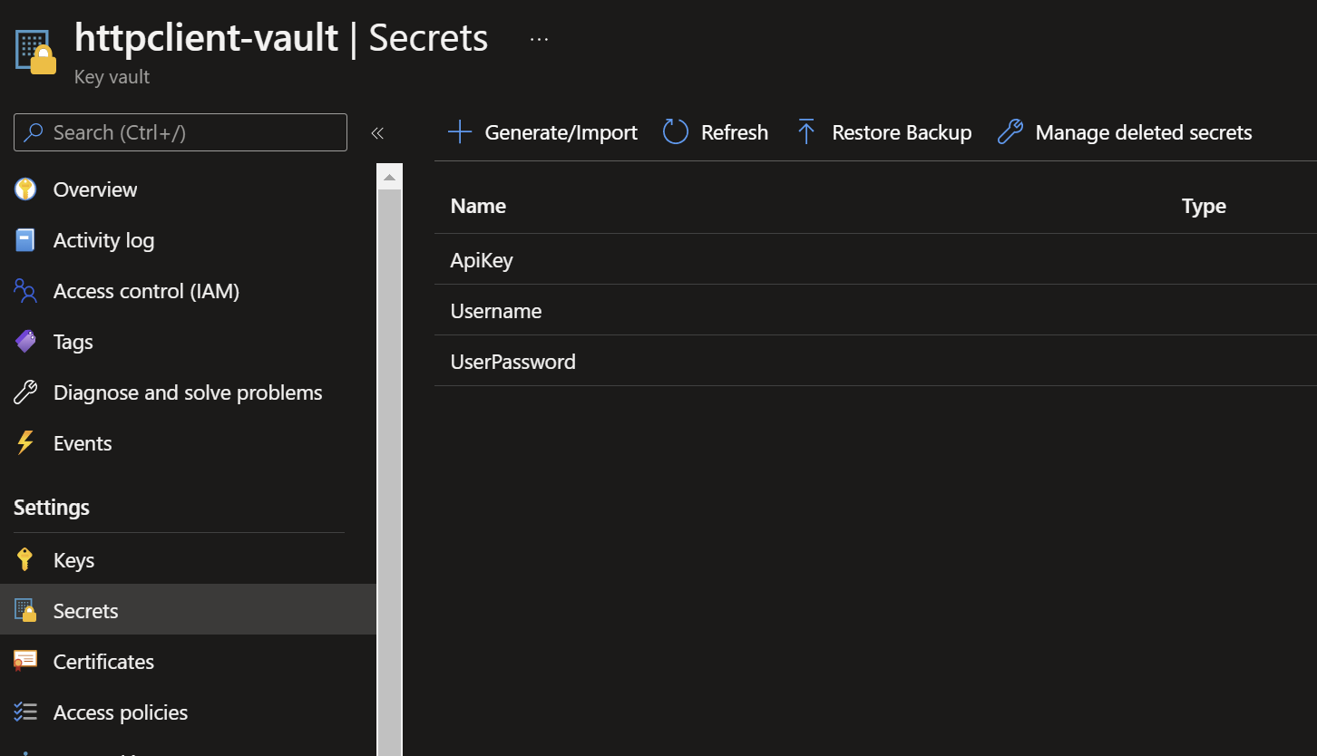 The Secrets view of an Azure Key Vault resource in Azure Portal