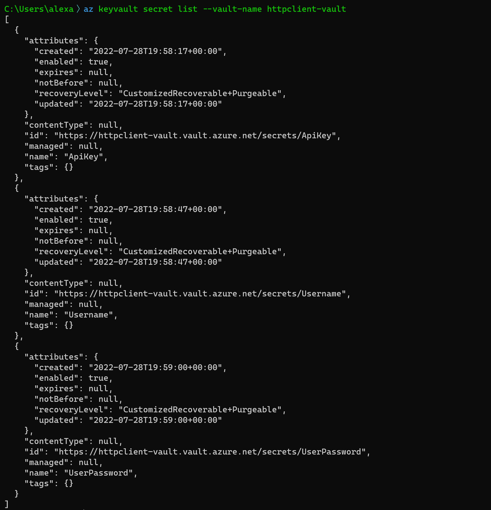 An Azure CLI command that lists Key Vault secrets in terminal.