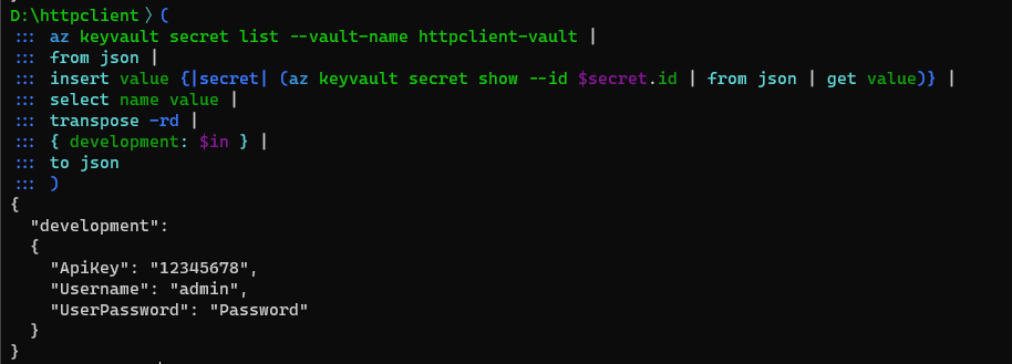 The output of the nushell script creating a JSON string from Azure Key Vault secrets.