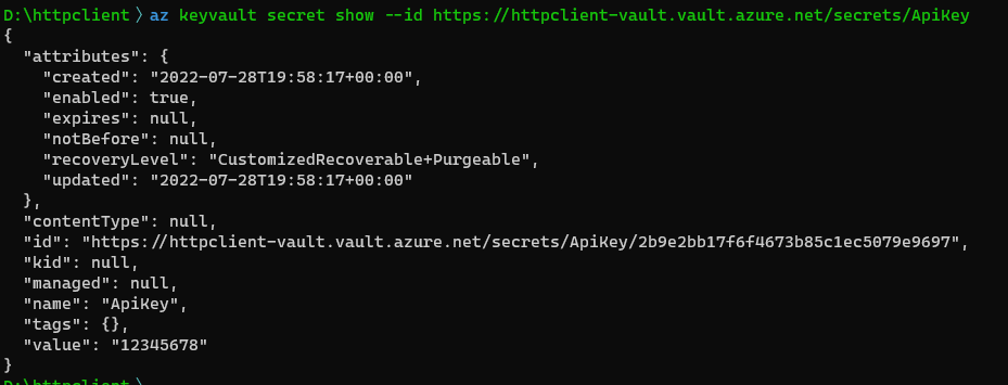 An Azure CLI command that get a secret from Key Vault in terminal.