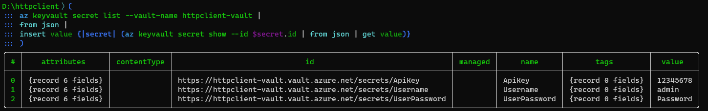 The output of the nushell script retrieving a list of secrets from keyvault.