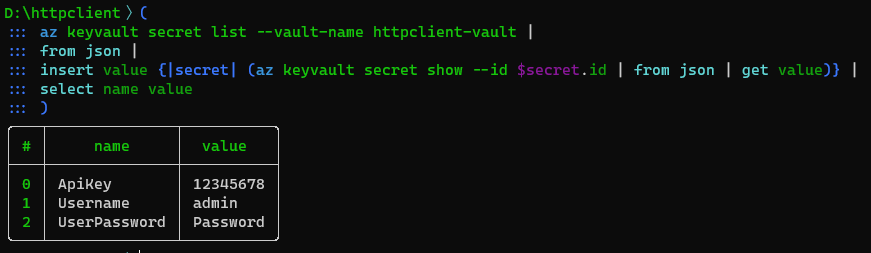 The output of the nushell script retrieving Azure Key Vault secrets (name and value).