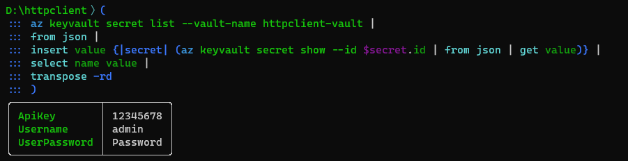 The output of the nushell script retrieving Azure Key Vault secrets (name and value).