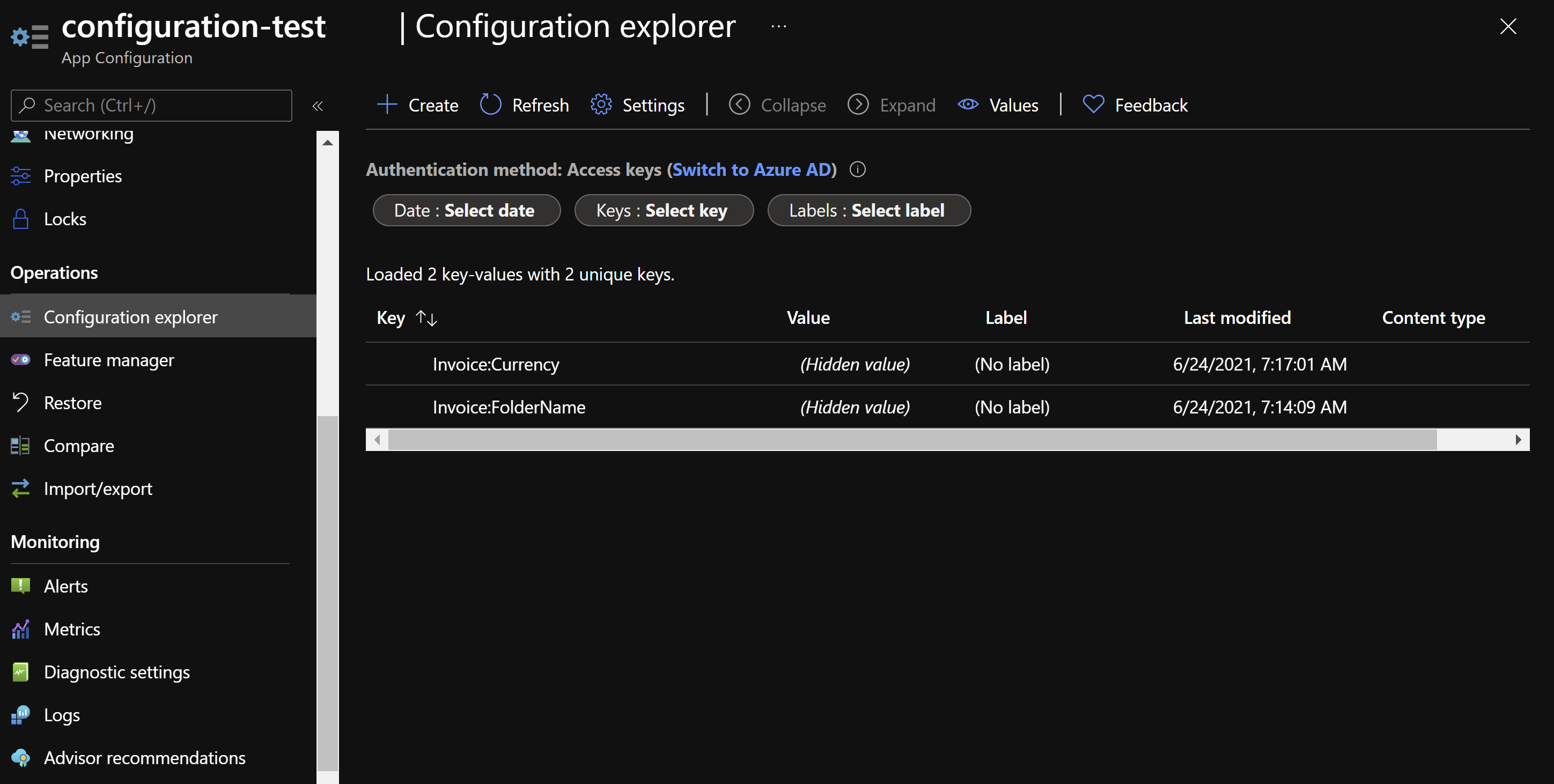 Configuration explorer in an Azure App Configuration resource.