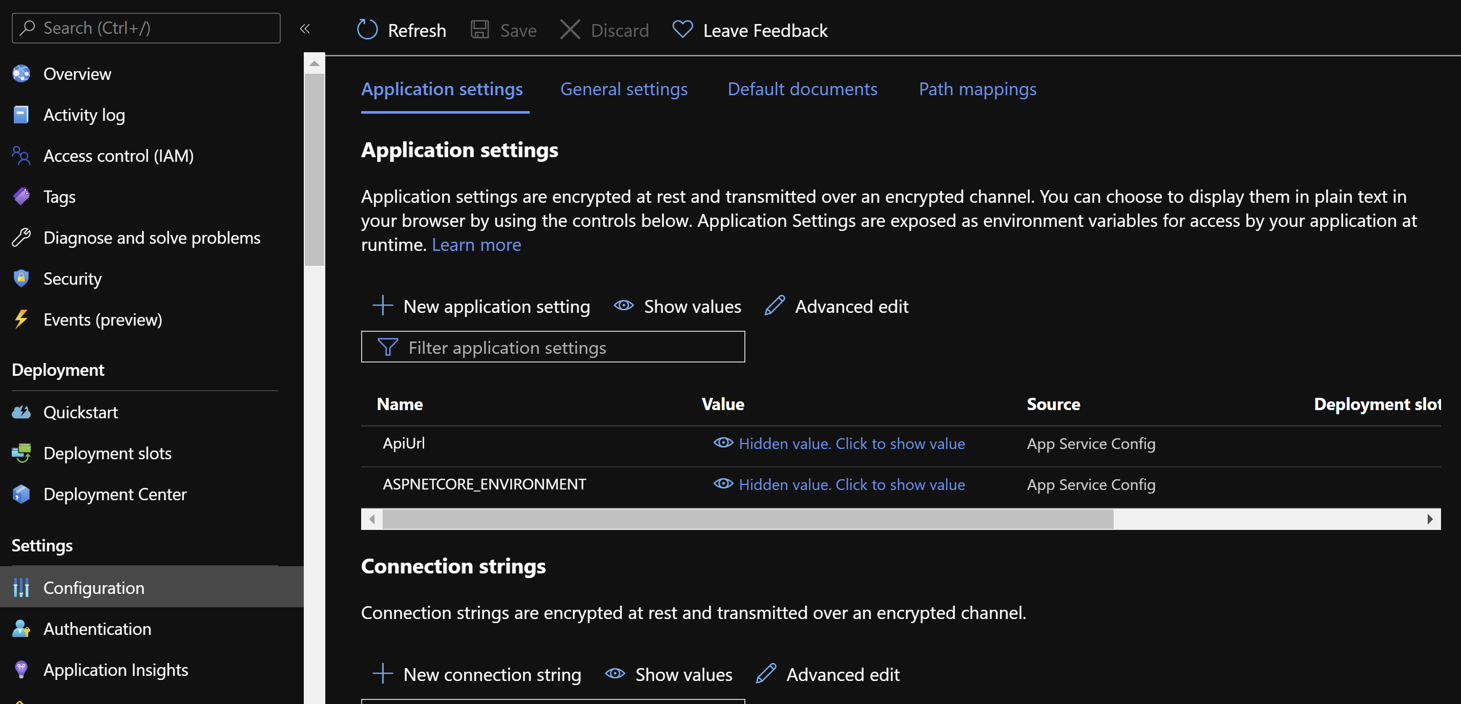 Application settings in the configuration of an App Service.