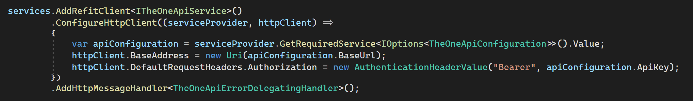 The code for registering the services using Refit.