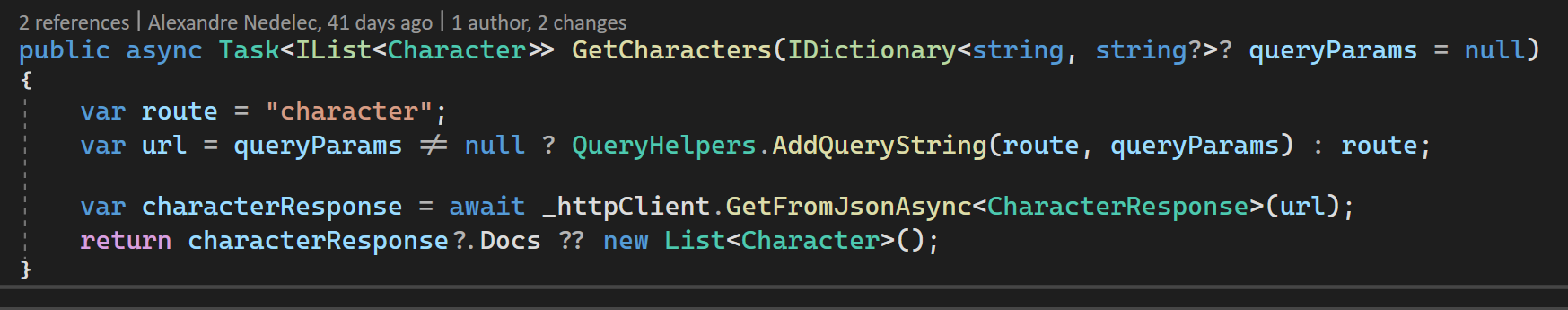 The code of GetCharacters method without manual deserialization.