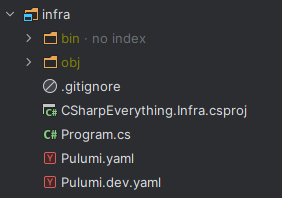 IDE folder explorer focused on the infra folder containing the Pulumi project.