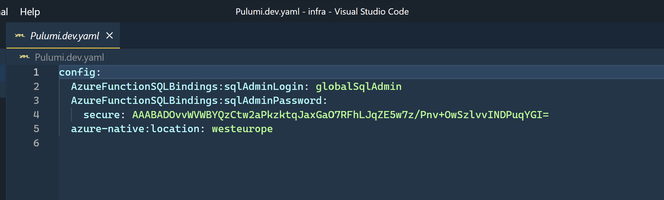 Pulumi.dev.yaml file with encrypted settings.
