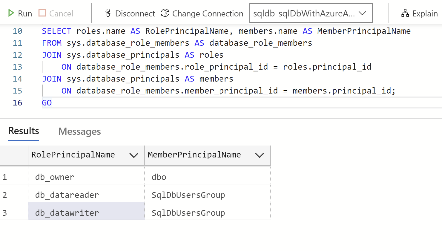 SQL query listing database members and roles in Azure Data Studio.