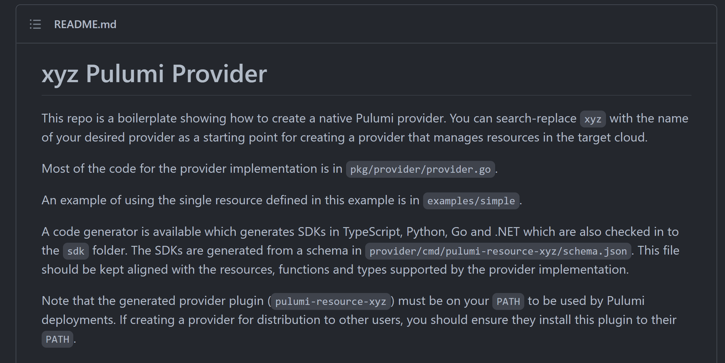 xyz Pulumi Provider boilerplate code repository on GitHub.