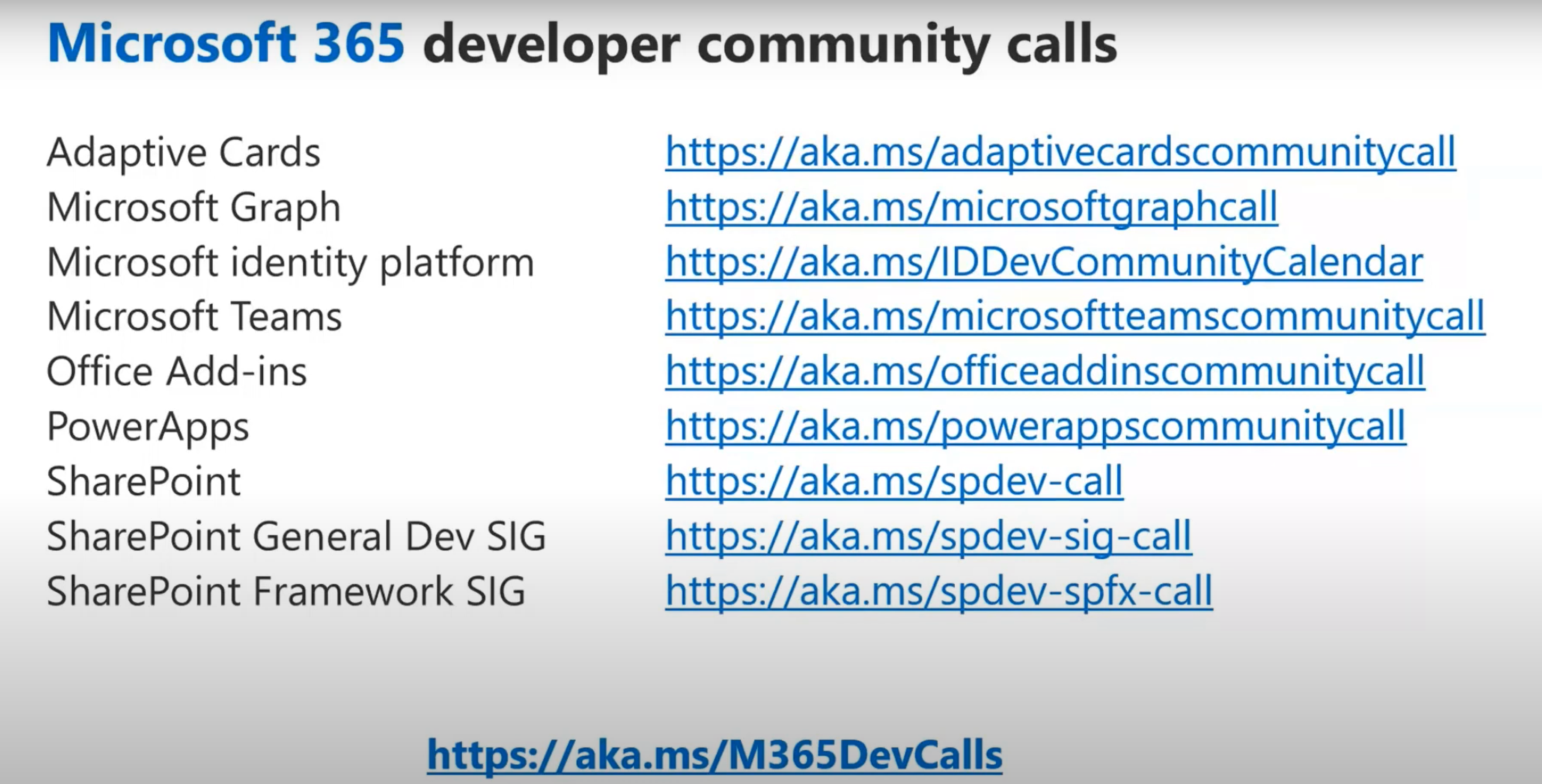 List of Microsoft 365 community calls.