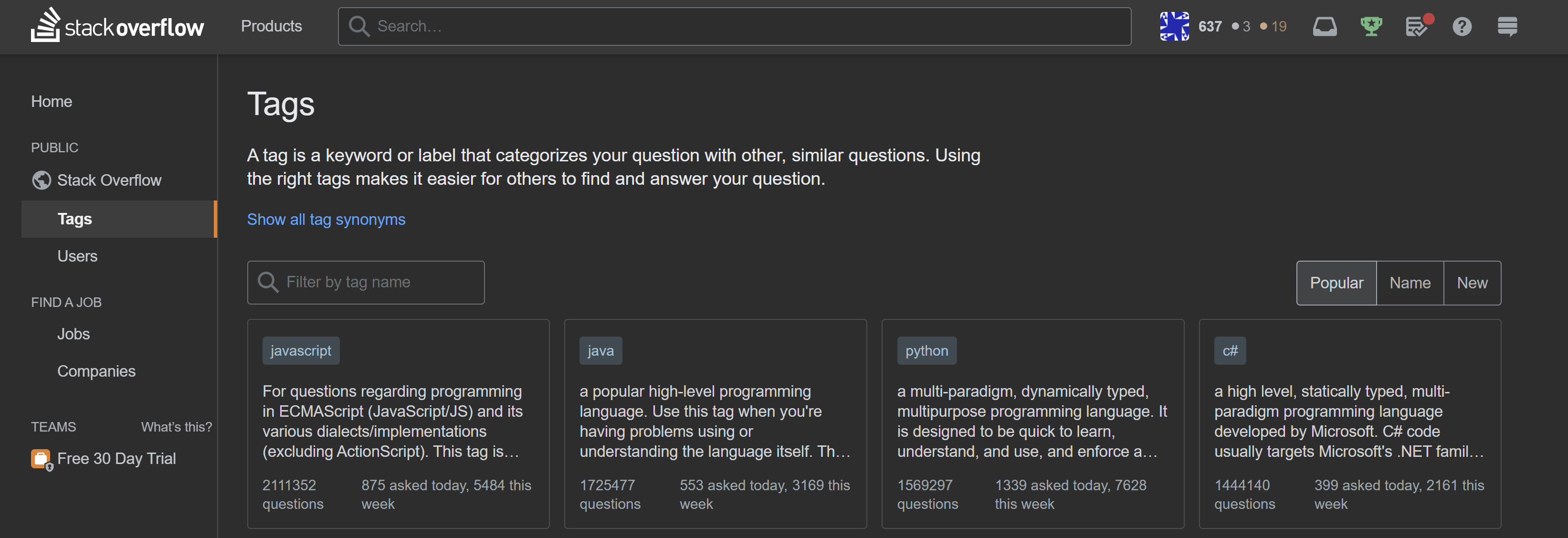 Stackoverflow tags page.