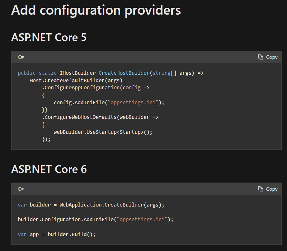 Using configuration provider in ASP.NET 5 versus ASP.NET 6.