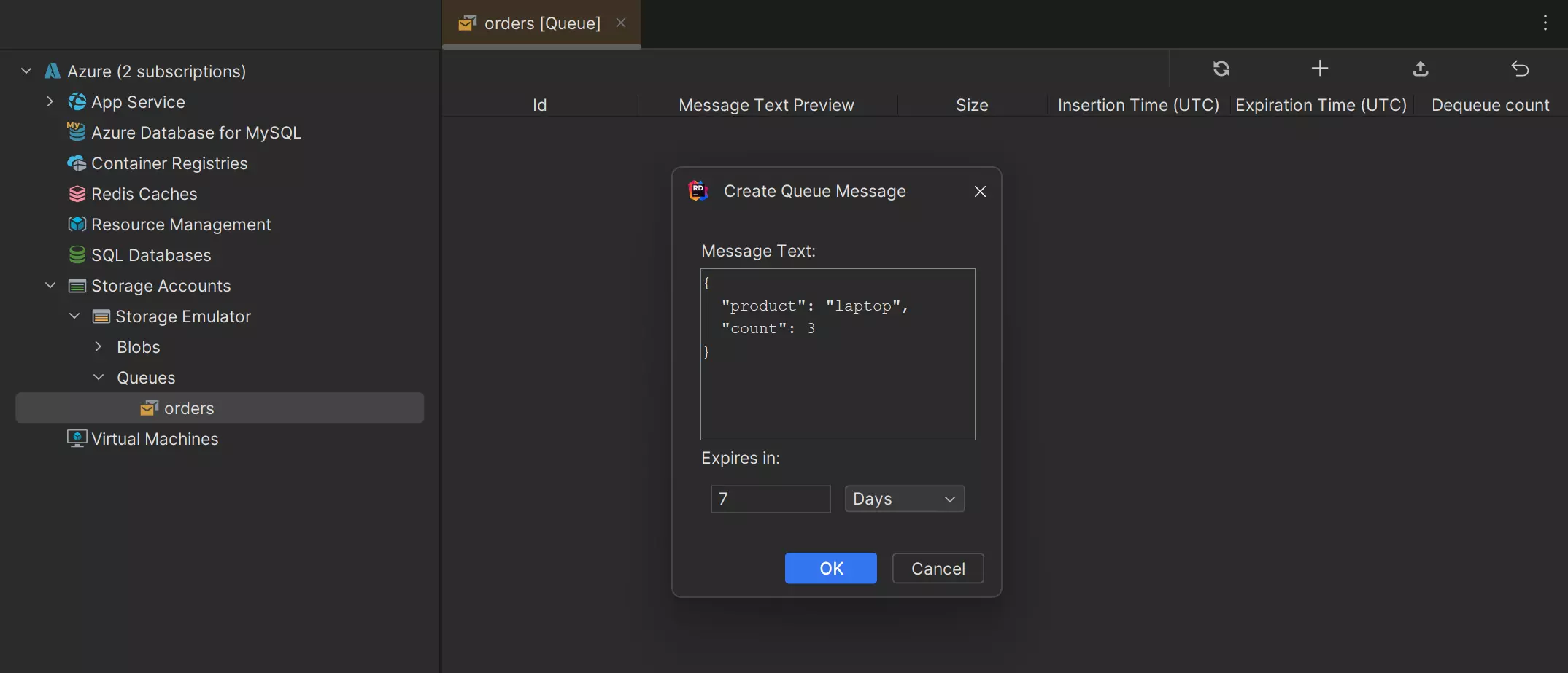Queue message in Azure Storage Explorer.