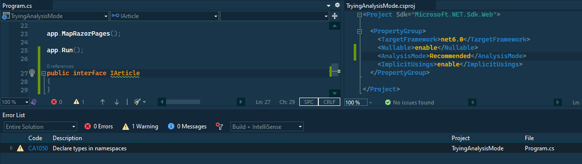 Program in vscode with 'Recommended' analysis mode.