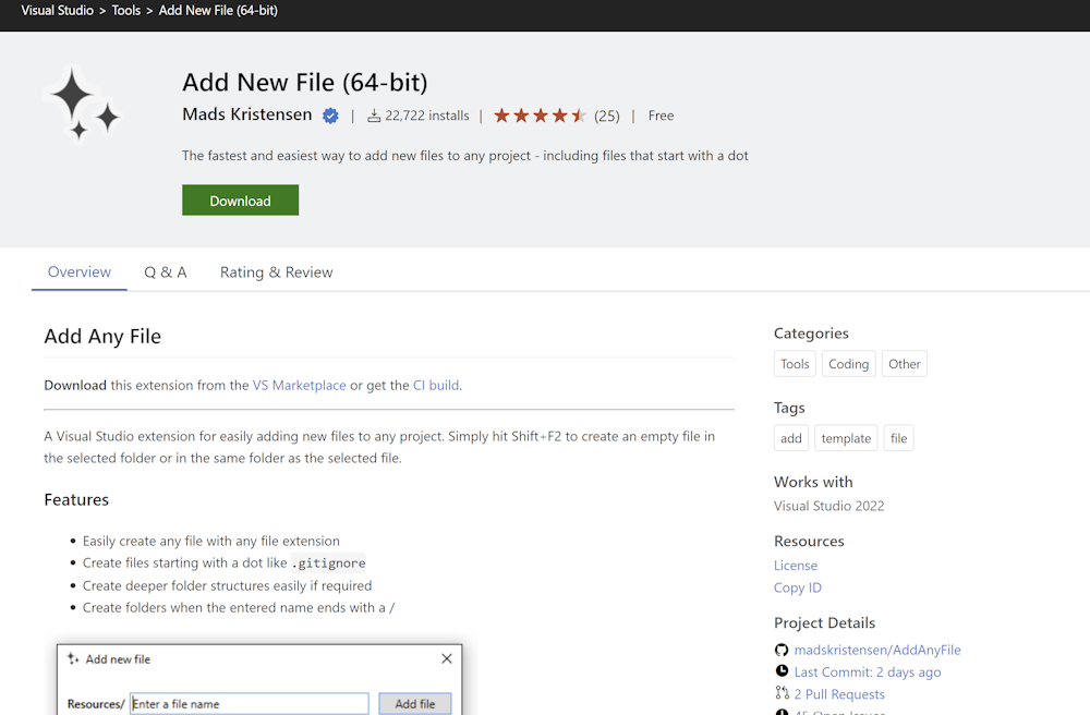 Website of Add New File Visual Studio extension.