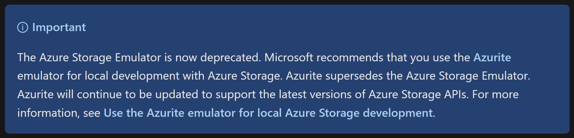 Documentation about Azure Storage emulator deprecation.