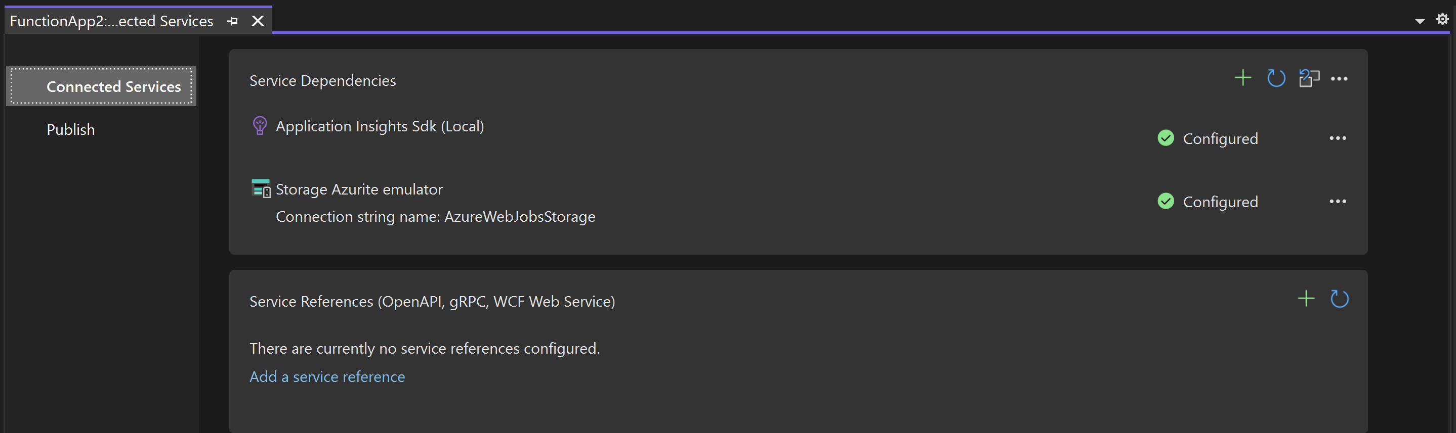 Service dependencies in Visual Studio.