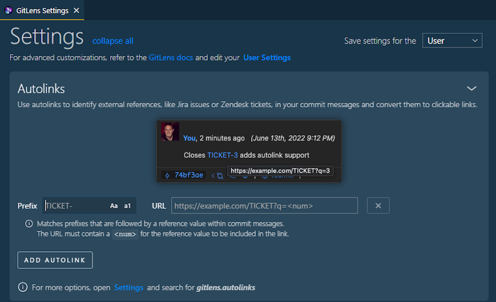 Autolinks GitLens settings view in vscode.