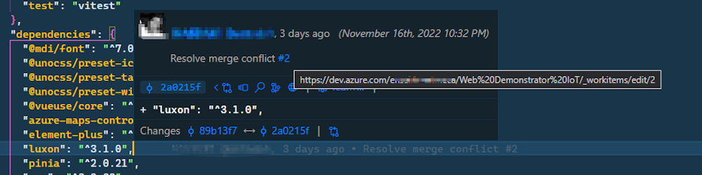 A commit GitLens popin in vscode with an Azure DevOps link.