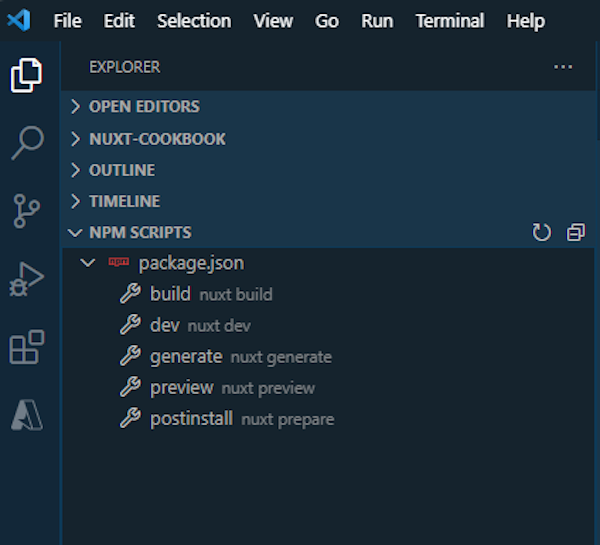 Npm scripts view in vscode editor.