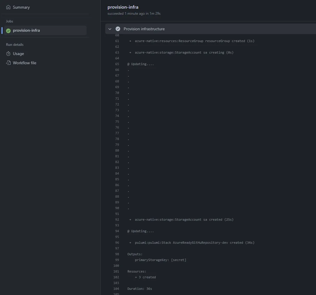 Logs of the pipeline run showing that the workflow successfully created a storage account.