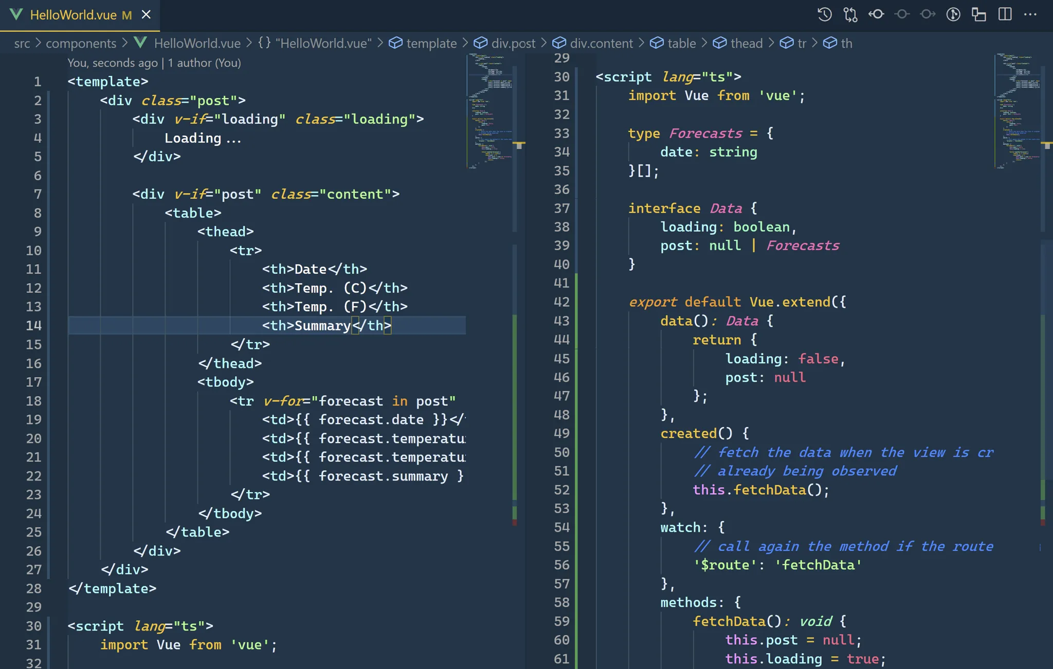 Vue component split in 2 in vscode.