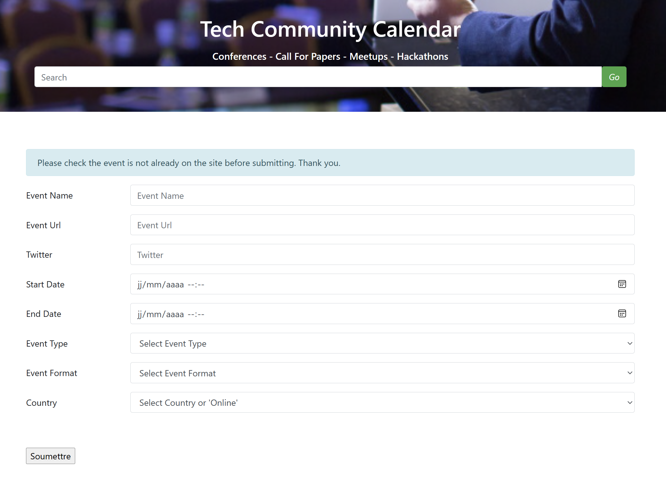 Form to submit events to tech community calendar